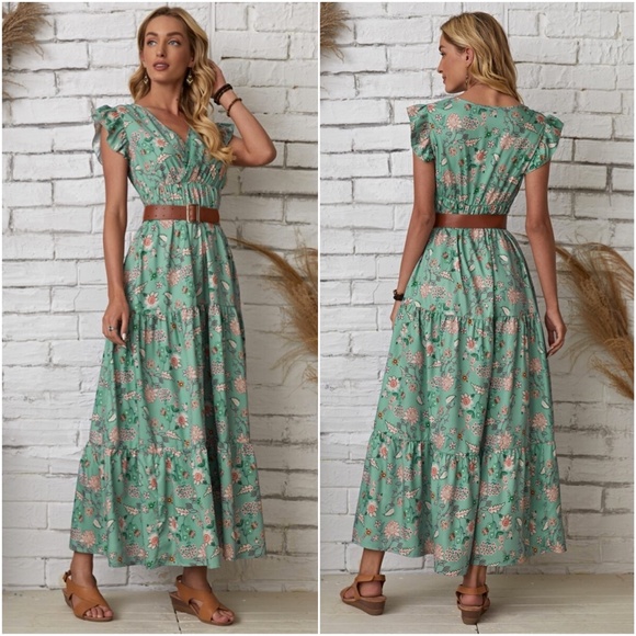 Mint Floral ruffle butterfly sleeve dress 60's - Picture 2 of 3